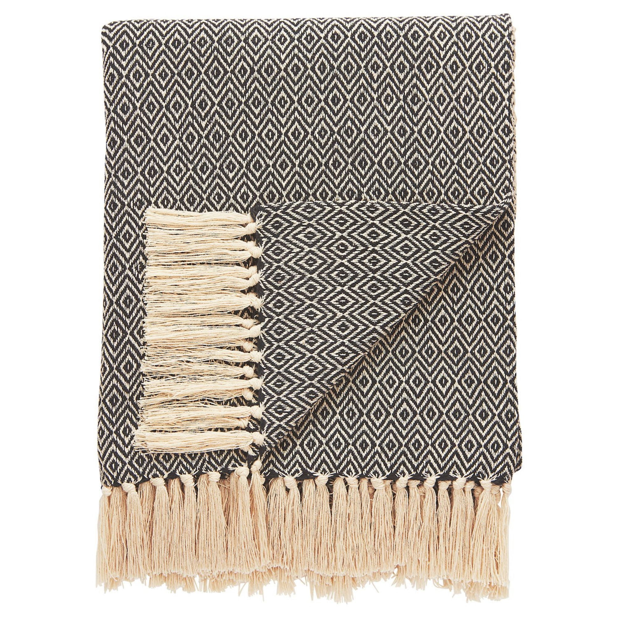 Black and Cream White Geometric Woven Fringed Throw Blanket 50" x 60
