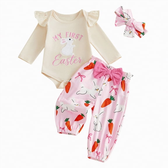 mgoYE Baby Boy Clothes 12 Month Easter Baby Boy Outfit My First Easter Bunny Pants Newborn Easter Clothes(Beige,6-9 Months)