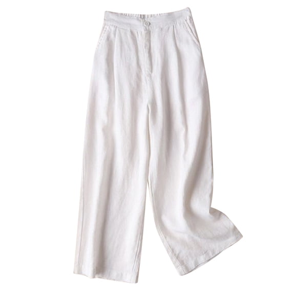 Timegard Womens Lounge Pants Wide Leg Cotton Linen Elastic Waisted Button Loose 3/4 Pants with Pockets