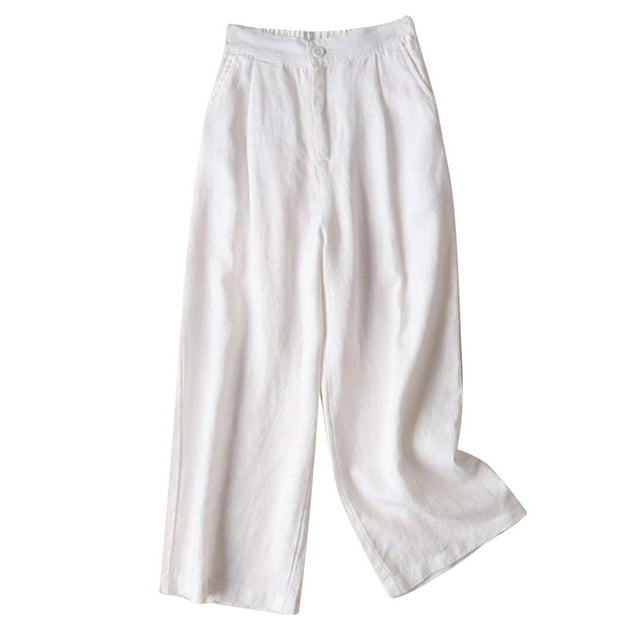 Timegard Womens Lounge Pants Wide Leg Cotton Linen Elastic Waisted Button Loose 3/4 Pants with Pockets