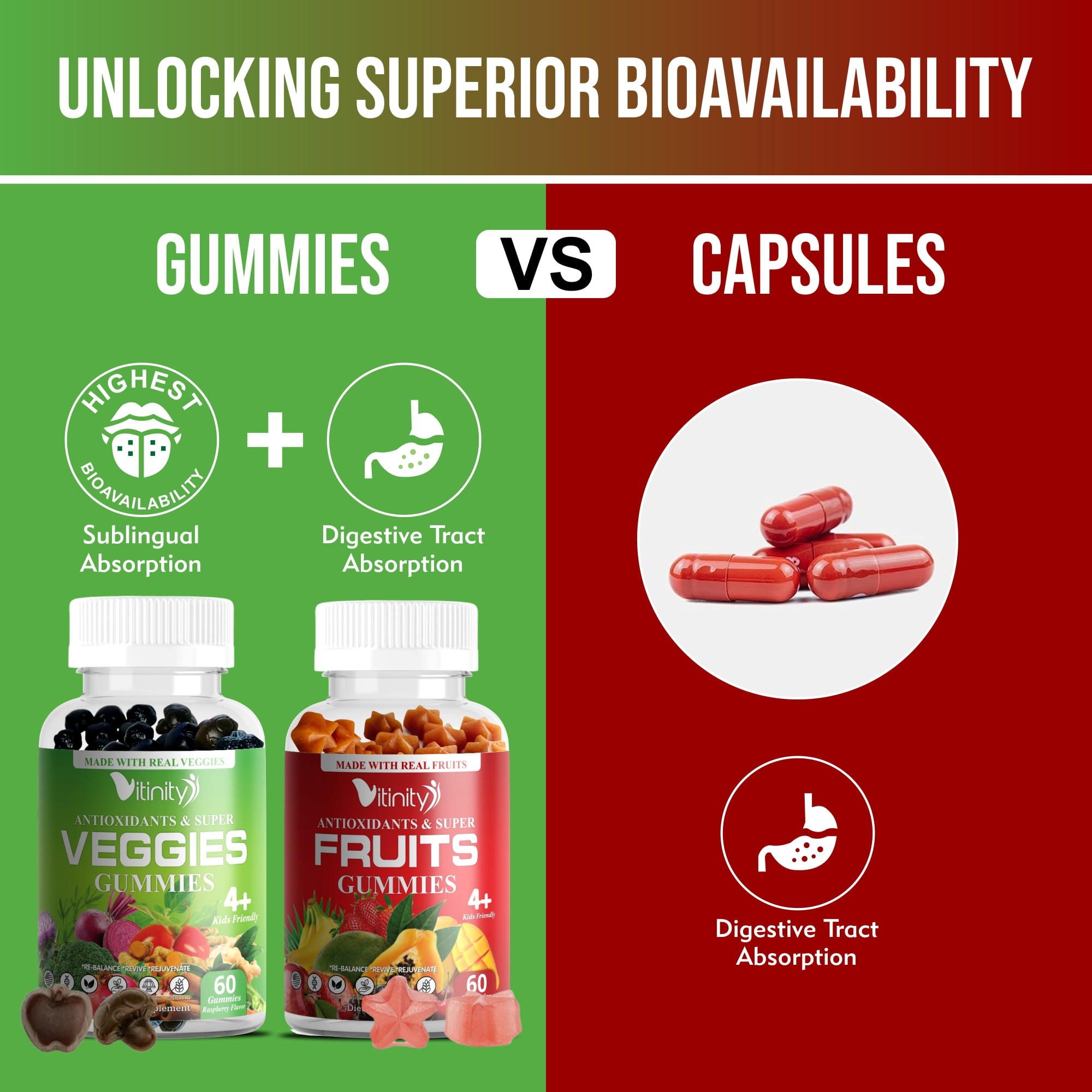 VITINITY Fruits and Veggies Gummies - Superfood Vegetable Vitamin Supplement for Women and Men - with a Blend of Fruit and Greens for Daily Health