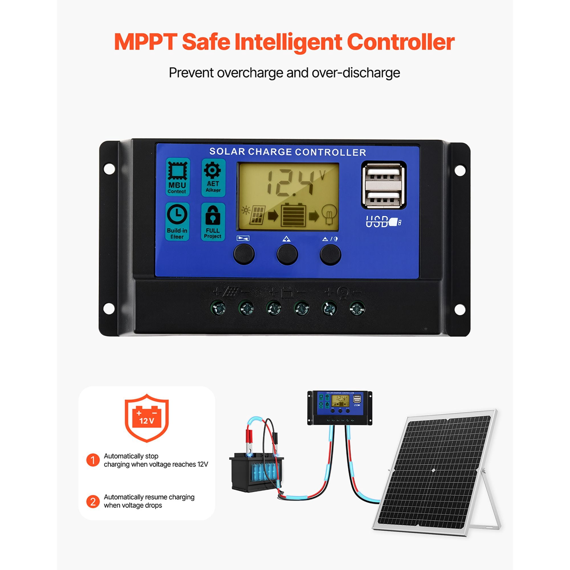 30W 12V Solar Panel Battery Charger, Monocrystalline, MPPT Controller, IP65 Waterproof, Adjustable Mount Bracket, for Car, RV, Boat, Motorcycle & Gate Opener
