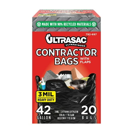 

Ultrasac Thick Large Heavy Duty Industrial Trash Bags 42 Gallon 3 Milliliter 20 Pack with Flap Ties