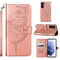 SaniMore Case for Samsung Galaxy S24 (6.1" 2024), PU Leather Skin with Luxury Embossed Butterfly [Wrist Strap & Card Slots & Flip Kickstand] ull-body Shockproof Business Wallet Cover, Rosegold