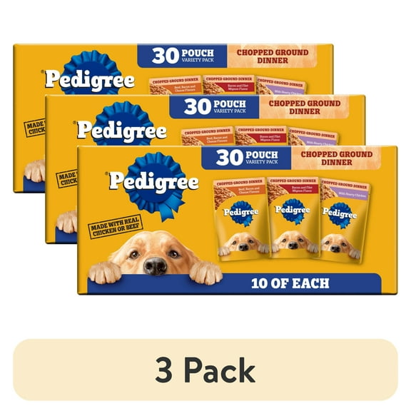 (3 pack) Pedigree Chopped Ground Dinner Beef & Bacon Variety Pack Wet Dog Food, (30) 3.5 oz Pouches
