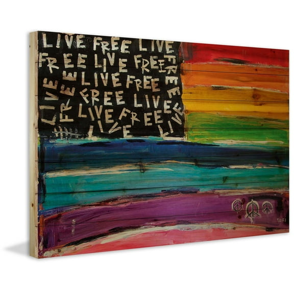Marmont Hill "Live Free Rainbow Flag" by Tori Campisi Painting Print on Natural Pine Wood