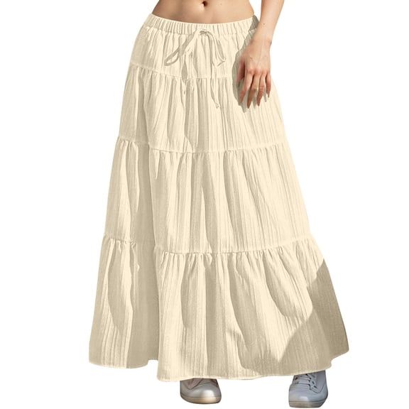 Angala Ladies Skirts Elastic Low Waist Tiered Maxi Skirts Solid Summer Lightweight Flowy Boho Vacation Womens Skirts Size L Beige