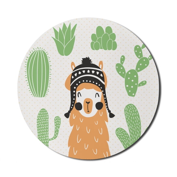 Hipster Mouse Pad for Computers, Llama in a Traditional Bolivian Hat Smiling Comic on Polka Dots Illustration, Round Non-Slip Thick Rubber Modern Gaming Mousepad, 8" Round, Multicolor, by Ambesonne