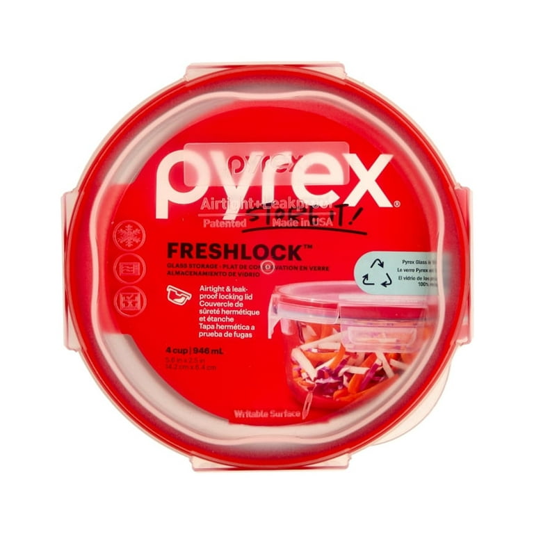 Pyrex Freshlock 4-Cup Round Glass Storage Container with Built-in Write +  Erase Label Lid