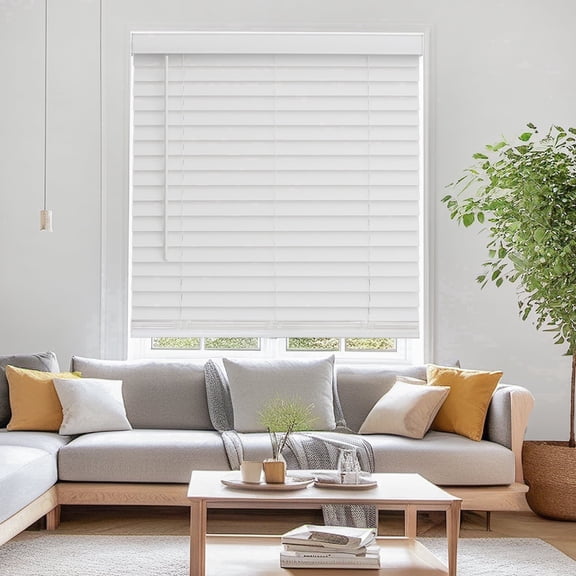 Softlight Faux Wood Blind with Valance - 34"W x 60"H, White, Cordless 2" Slat