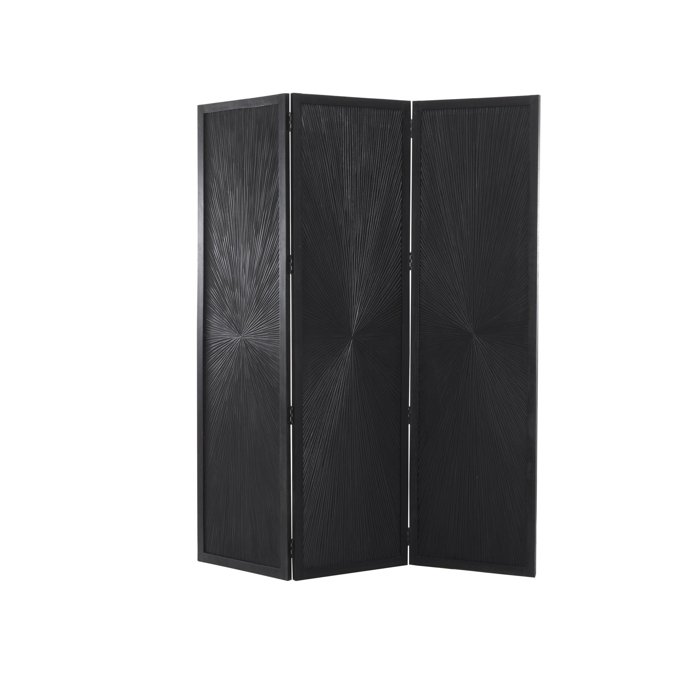 DecMode 59" x 70" Black Mango Wood Foldable Partition 3 Panel Room Divider Screen with Carved Design, 1-Piece