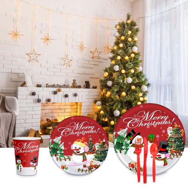 ¡Ofertas Limitadas!, Decoraciones para fiestas con temática navideña Muñeco de nieve navideño Vasos de papel Platos de papel Cuchillos Tenedores y cucharas Akmoler