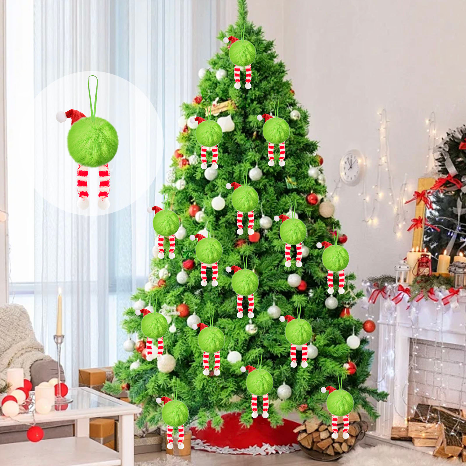 12 Boules De Noël En Fausse Fourrure (peluche) - Diamètre 6 Cm, Avec Ficelle, Décoration Sapin, Cheminée, Mur (couleur Verte)