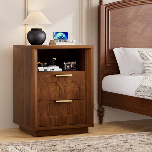Hommoo 2-Pack Modern Nightstands with Built-in Type-C Charging Station, 2 AC Outlets & USB Port, Mid-Century Two-Drawer Bedside Tables for Bedroom, Living Room & Office, Walnut