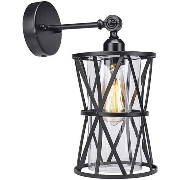 Industrial Vintage Wall Sconce, Black Metal Cage Wall Lamp with Clear Glass Shade, 1 Light, Retro Farmhouse Wall Light Fixtures for Loft Bathroom Bedroom Hallway,A