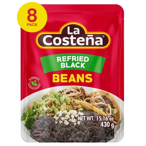 La Costeña, Refried Black Bean Microwavable Pouch - 8 Pack