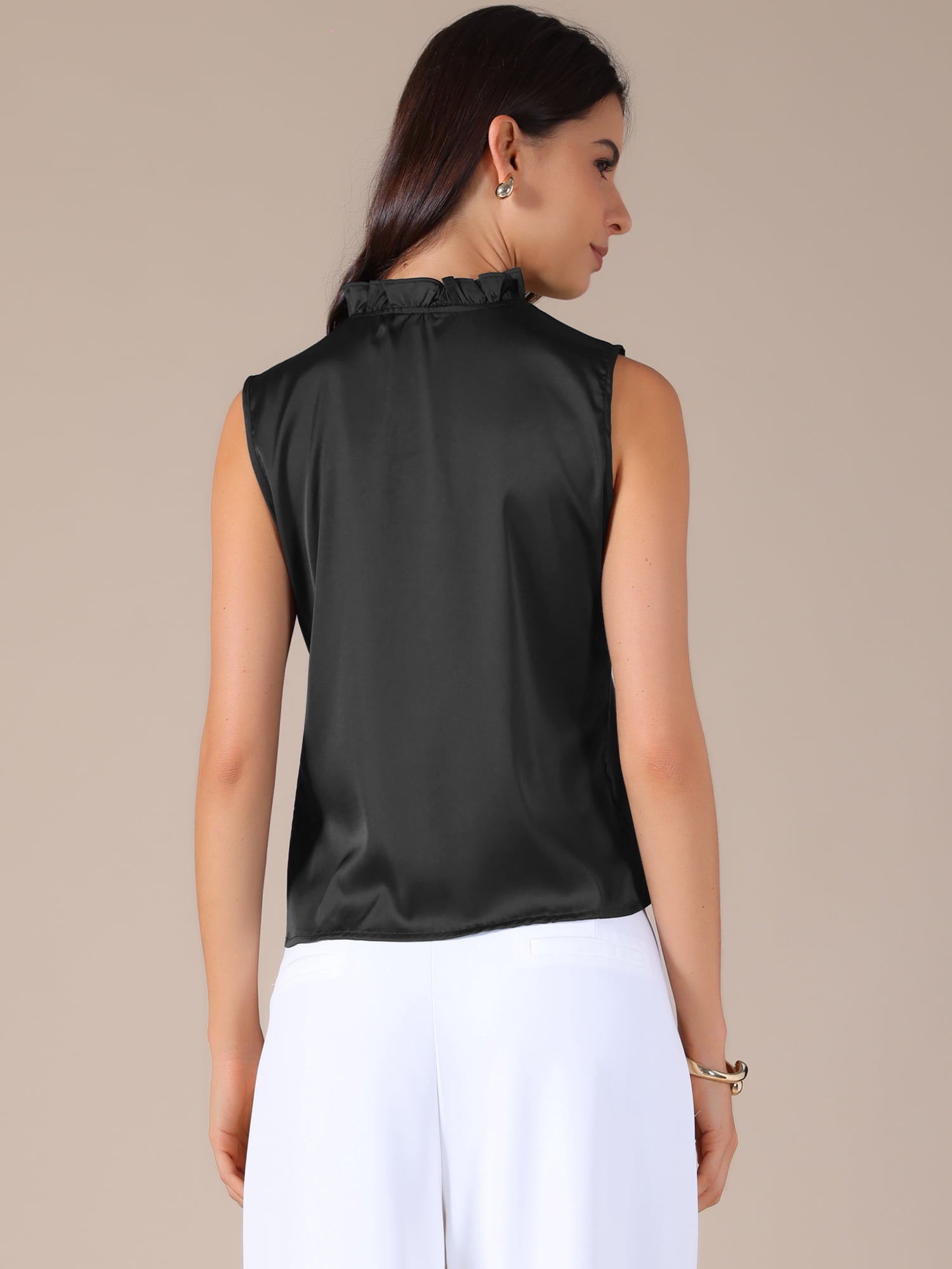 DARING DIVA Women's Satin Elegant Sleeveless One Button Office Blouse L Black