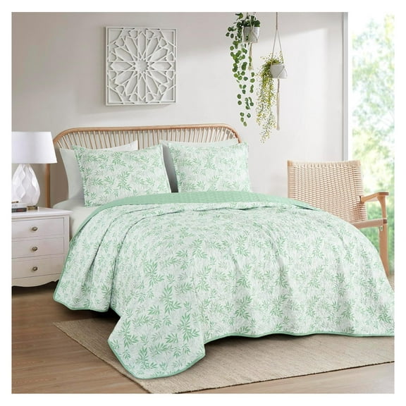 Elder 3-Piece Floral Leaves Quilt Set Queen - Green White Leaves Printed Microfiber Lightweight Bedspread Set for All Season
