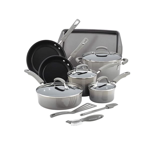 Rachael Ray Brights 14 Piece Nonstick Cookware Pots and Pans Set, Sea Salt Gray