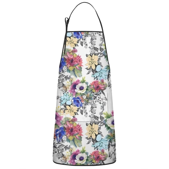 Pioneer Flower Floral Print Pattern Apron-Garden Aprons for Women with Pockets-Cotton Linen Waterproof Kitchen Cooking Gardening Aprons Adjustable for Kitchen,Cooking,BBQ and Salon 33x27 Inch