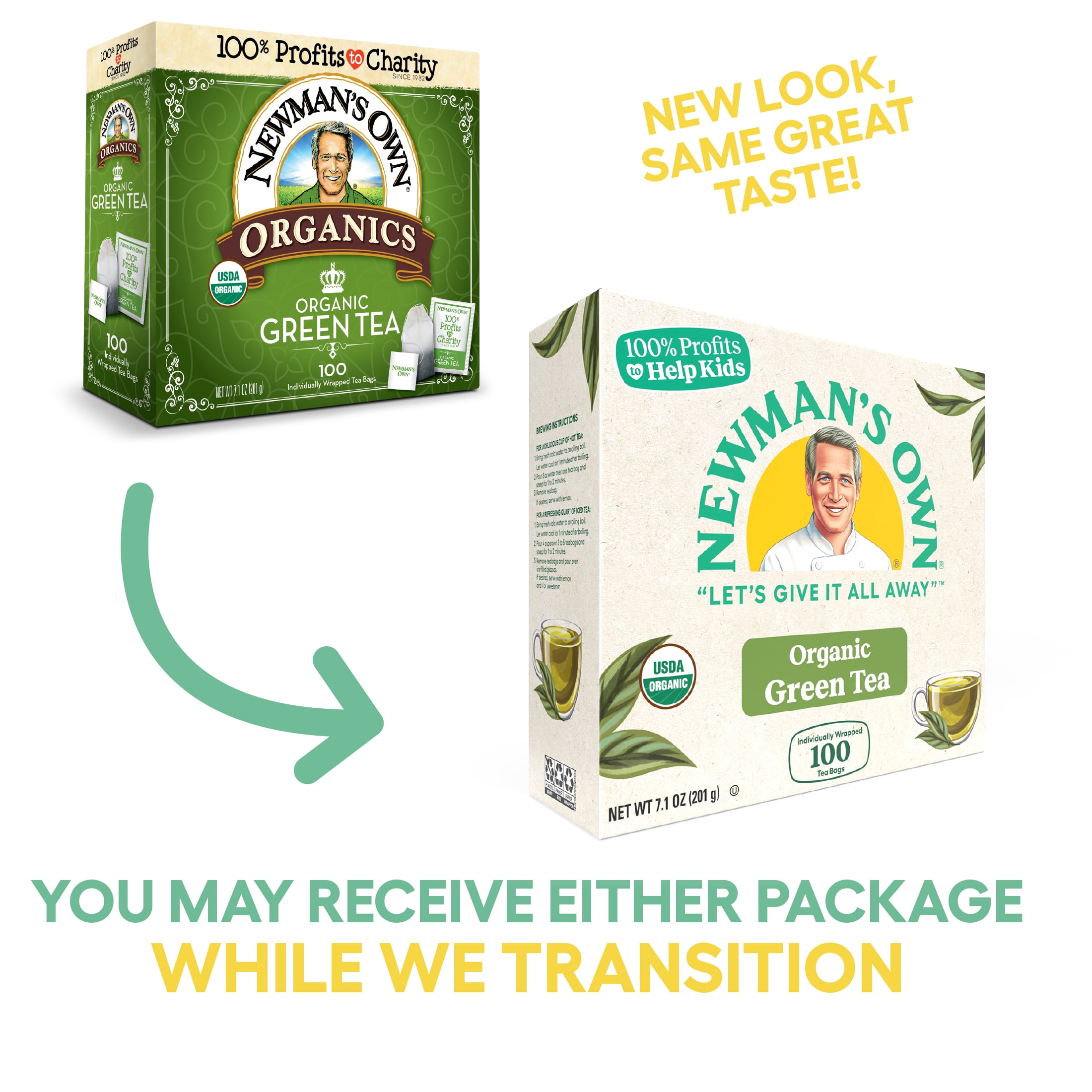 Newman's Own Organic Green Tea May Aid in Digestive Health, Green Tea with 100 Individually Wrapped Tea Bags Per Box (Pack of 2) USDA Certified Contains Caffeine Brew Hot