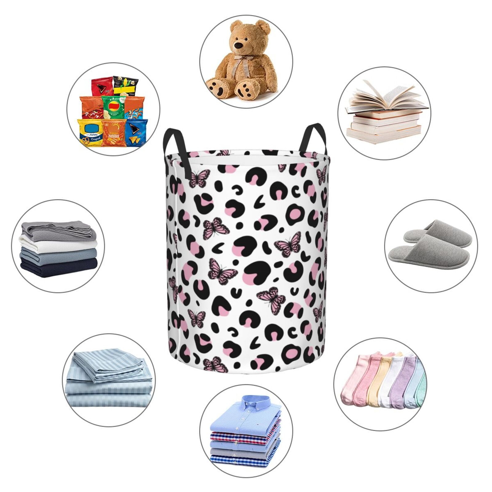 Large Laundry Basket with Handles - Leopard print butterfly Kids Baby Dirty Clothes Laundry Hamper for Bedroom Aesthetic