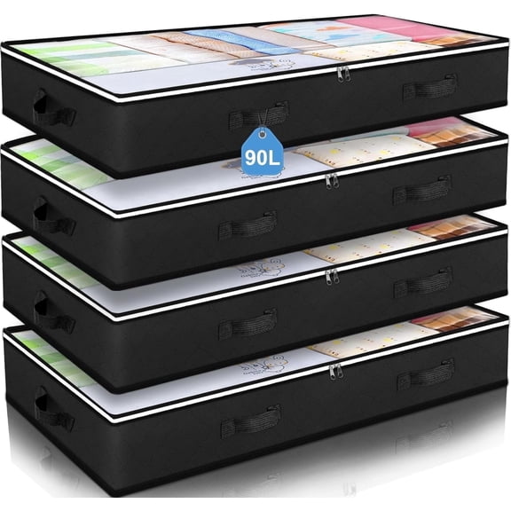 4 Pack 90L Under Bed Storage Containers, Closet Organizers and Storage Bins, Foldable Underbed Storage Bags for Wrapping Paper, Blanket, Clothing, Comforter, Sweaters, Pillows, Linen Sheets