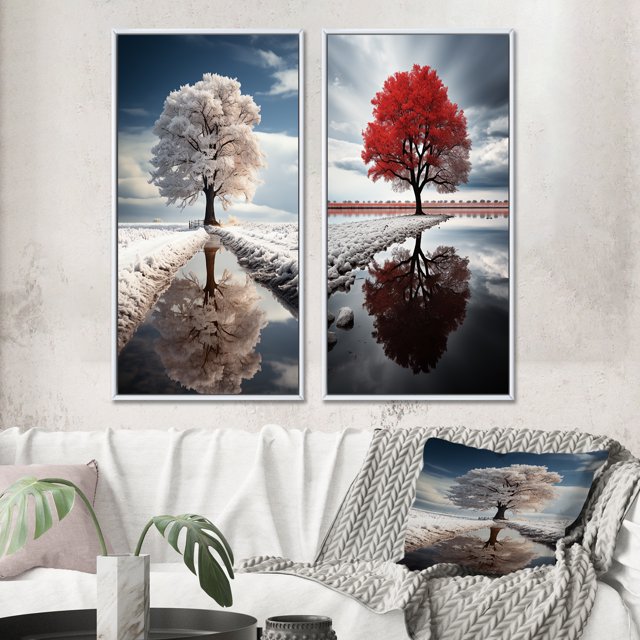 Designart "Silent Guardians White Tree" Trees Framed Wall Art Set Of 2 - White Landscapes Frame Gallery Set For Office Decor