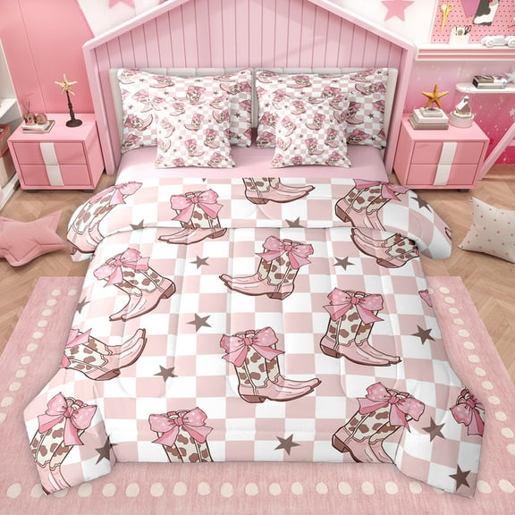 Homewish Cool Western Cowgirl 7-Piece Twin Bedding Sets,Retro Rustic Farmhouse Cabin Bedding Comforter Set,Pink White Grometric Plaid Sheet Sets For Girls Kids,Microfiber Bedroom Decor Reversible