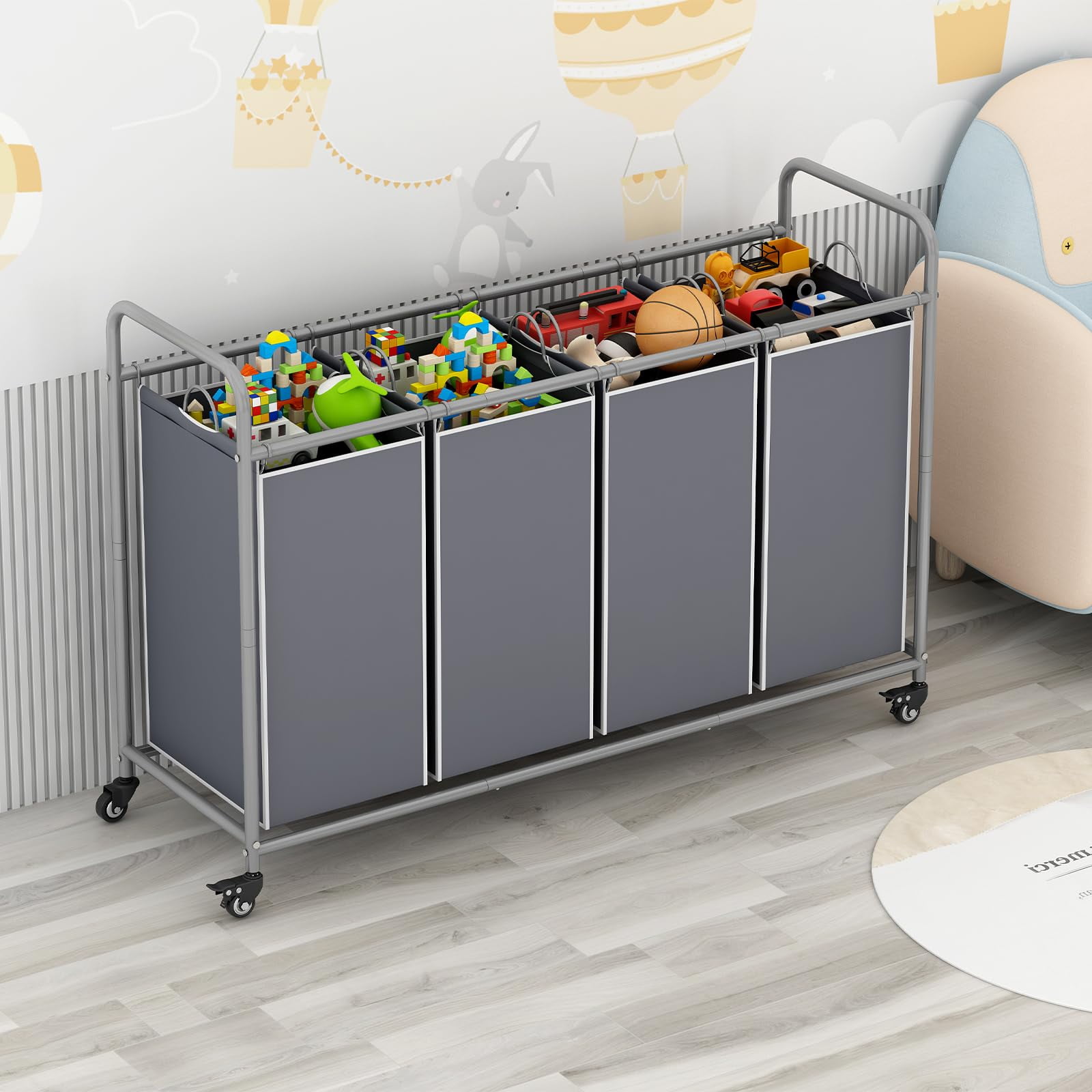 4 Bag Laundry Basket Sorter Laundry Hamper Cart with Heavy Duty Rolling Lockable Wheels and Removable Bags Organiser