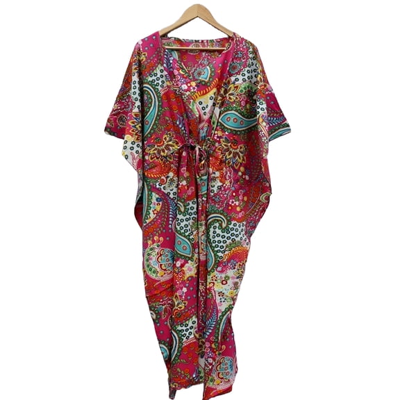 Paisley Print Pink Cotton Fabric Indian Kaftan Dress Long Top Caftan, Dress Beach Wear Cover up, Printed Sleepwear Maxi Dress Boho Kimono Robe