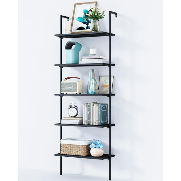 5-Tier Ladder Shelf, 74 Inches Wall Mounted Ladder Bookshelf with Metal Frame, Open Industrial Shelves for Home Office, Bedroom and Living Room, Black