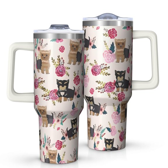 OBREWU Yorkie and Floral Tumbler with Handle and Lid,Yorkie and Floral 40oz Double Wall Vacuum Insulated Tumbler,Cups Gift for Women and Men