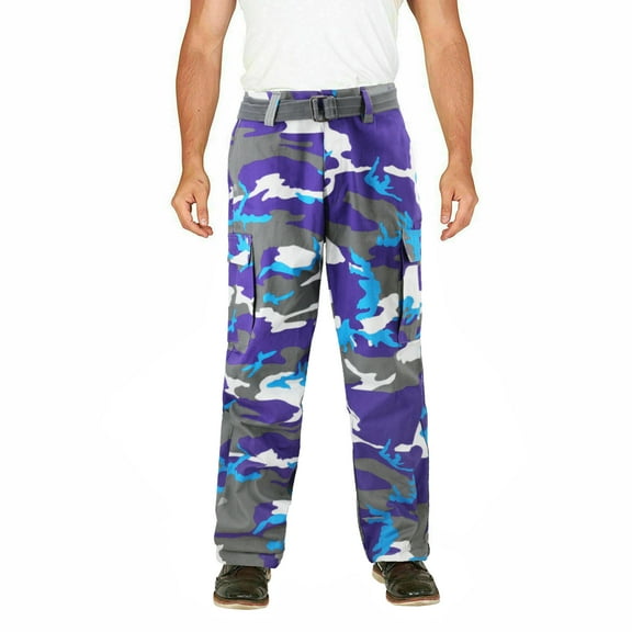 Men's Classic Work Colorful Slim Fit Belted Twill Cargo Pants (6CP01 - Purple Camo, 54,32)