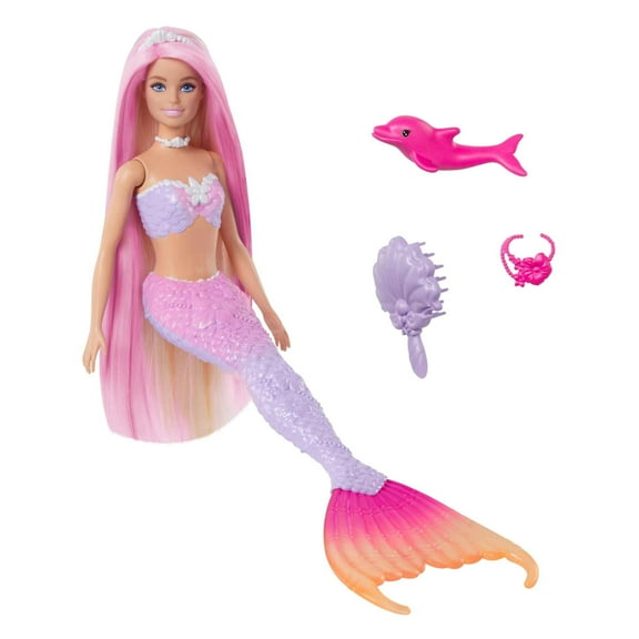 Barbie Mermaid Doll, Malibu with Pink Hair, Styling Accessories, Pet Dolphin and Water-Activated Color Change Feature Multicolor