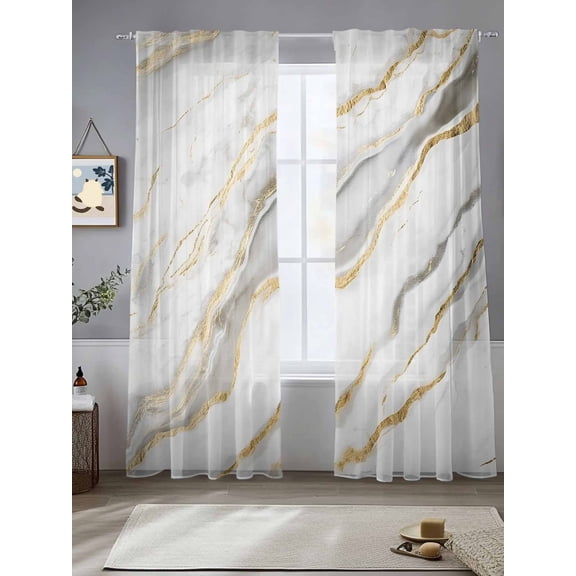 Marble Texture Sheer Curtains 96 Inches Long 2 Panels White Grey Gold Crack Modern Light Filtering Semi Sheer Window Curtains Drapes for Bedroom Living Room 52"x96"