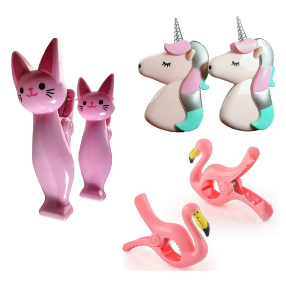 3 Set (6 Ct) Pink Cat, Pink Unicorn, Flamingo Beach Towel Clips Jumbo Size for Beach Chair, Cruise Beach Patio, Pool Accessories, Household Snacks Clip, Baby Stroller Clips by C&H Solutions
