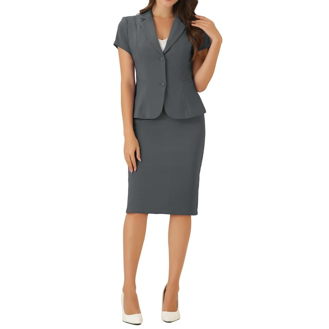 Conjunto de traje de negocios de 2 piezas para mujer INSPIRE CHIC, chaqueta de blazer de manga corta y falda lápiz M gris oscuro
