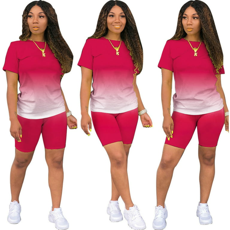 JDEFEG Bathing Suit Top Summer 2Pcs Outfits for Women Short Sleeve T Shirts  Bodycon Pants Shorts Set Gradient Color Tracksuit Sportwear Lady Swim Shorts  Hot Pink Size M 