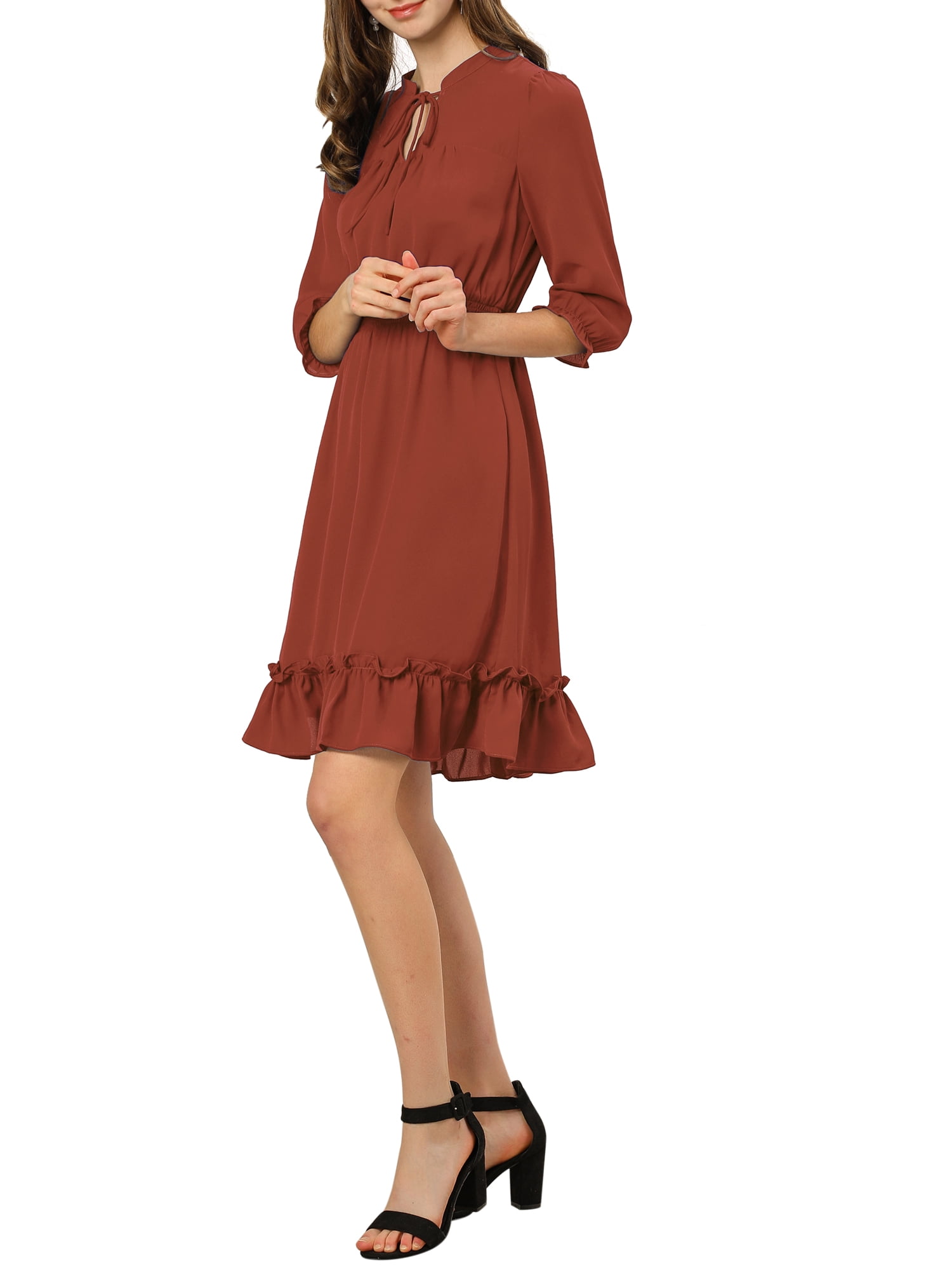 DARING DIVA Tie V Neck Chiffon 3/4 Sleeve Smocked Mini A-Line Dress L Candy