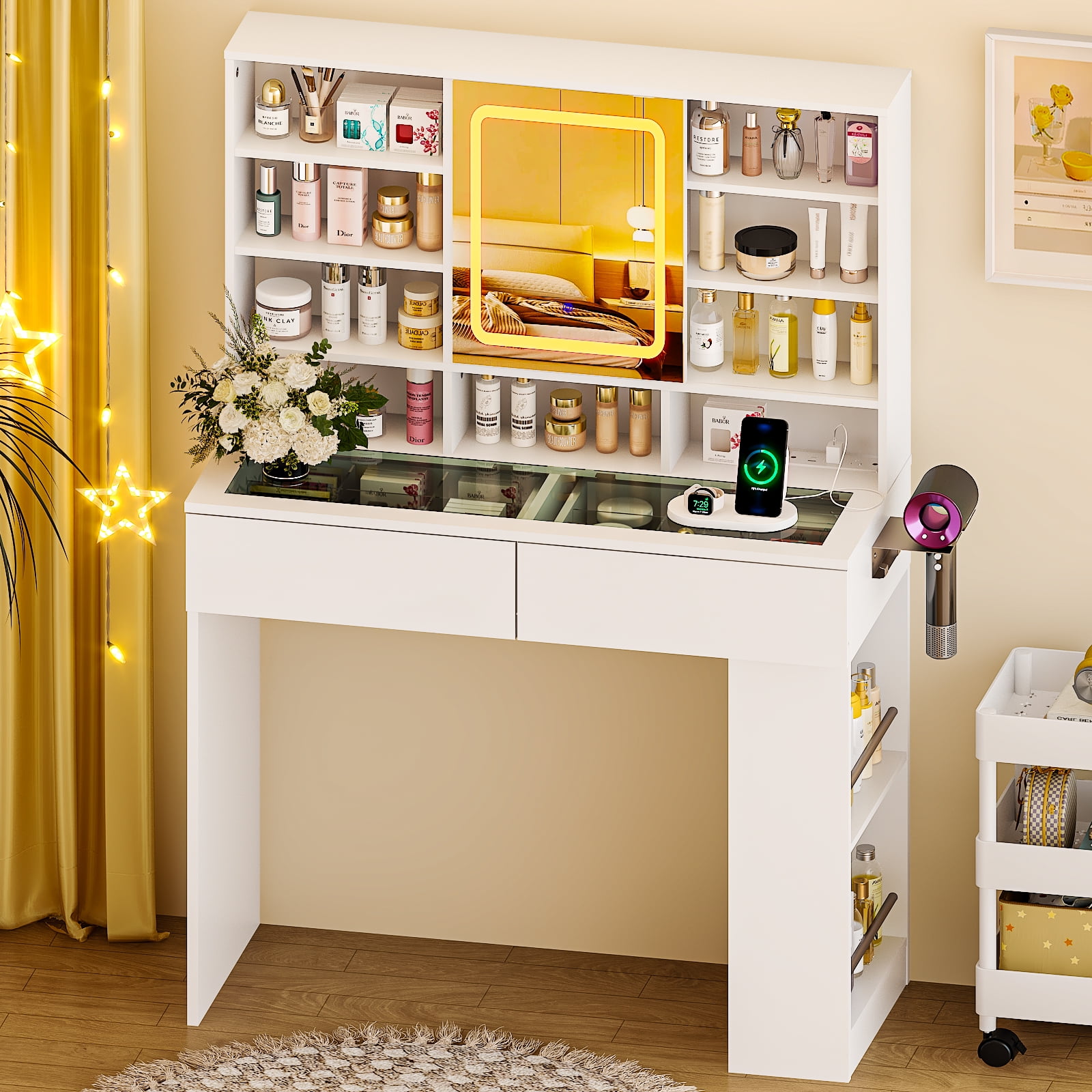 Ktaxon Makeup Vanity w/ Sliding Mirror, Get Ready with Me Vanity Table with Glass Table Top, White