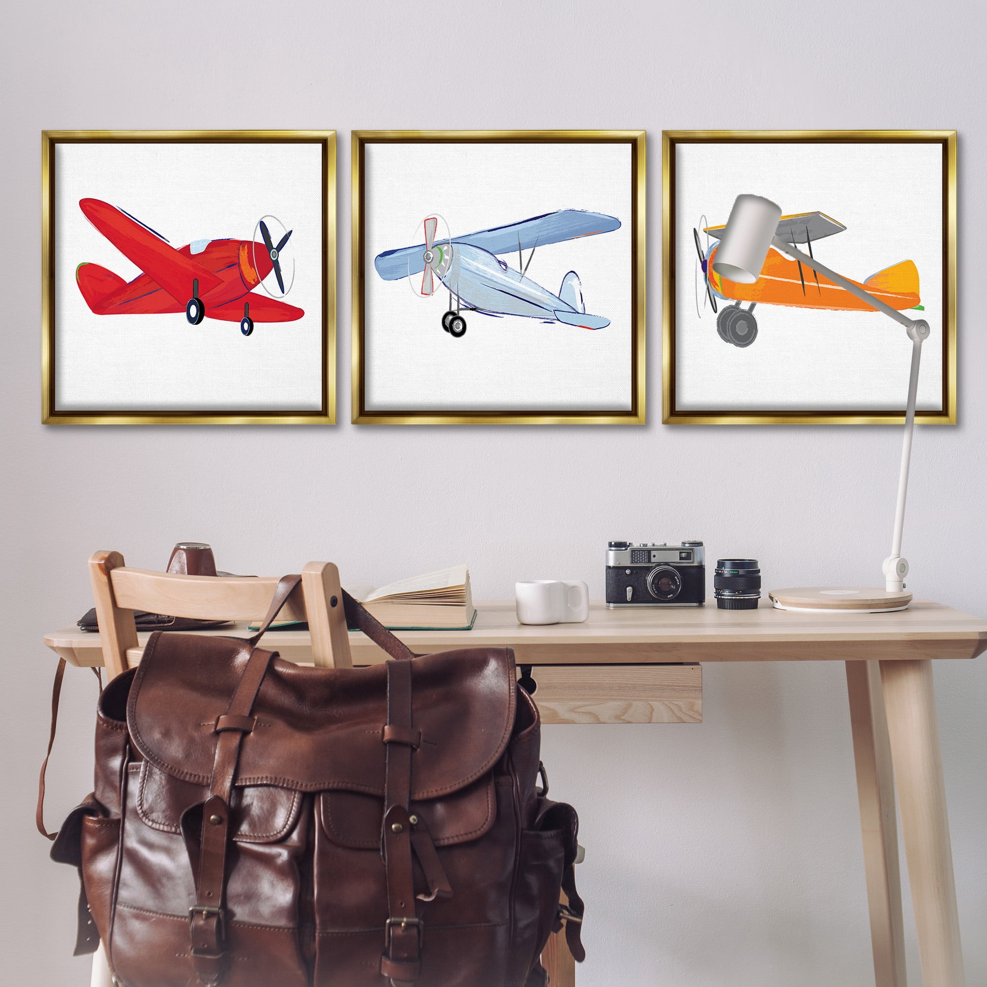 Stupell Industries Triple Colorful Airplanes Drawing Art for Kids Painting Gold Floater Framed Canvas Art Print Wall Art, 25 x 25, Set of 3
