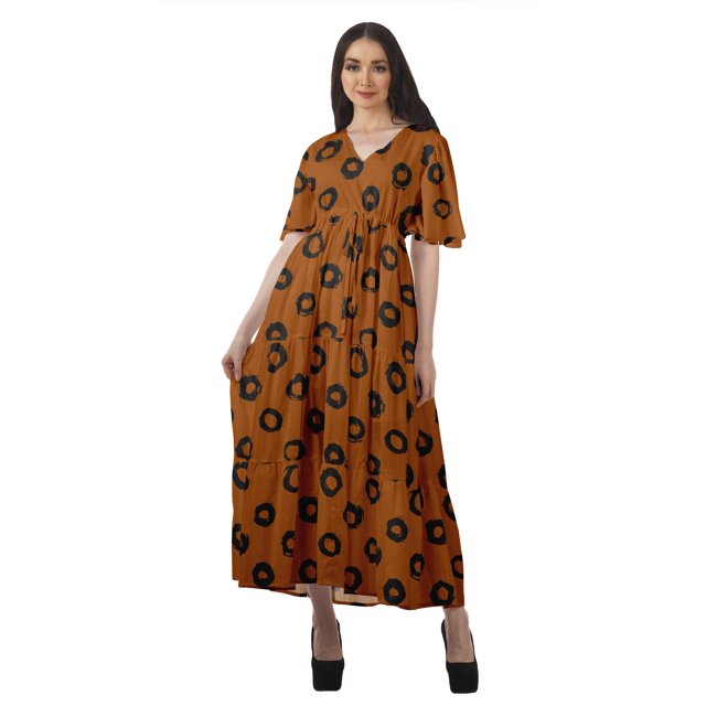 Moomaya Tunique à Manches Courtes Robes de Cocktail pour Femmes Robe en Coton Slub Imprimée