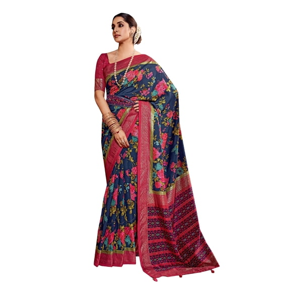 Traditional Ethnicwear Bright Grey Cotton Silk Floral Print Saree