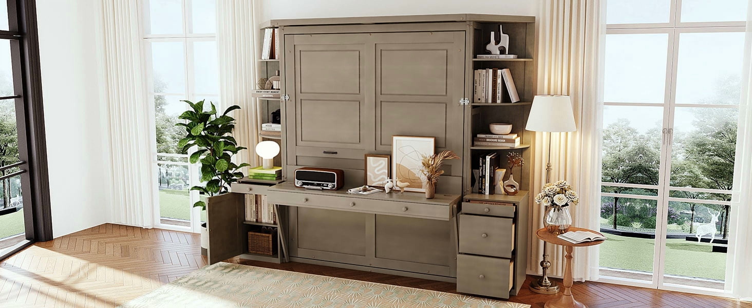 Mintazer Queen Size Murphy Bed with Desk & Side Storage, Modern Folding Cabinet Bed with Workstation & Shelves for Home Office, Gray