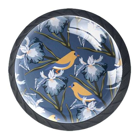 4 Pcs Dark Blue Flower Birds Knobs for Kitchen Cabinet Cupboard Dresser Bookcase Drawer Pulls Handles Round Home Decor