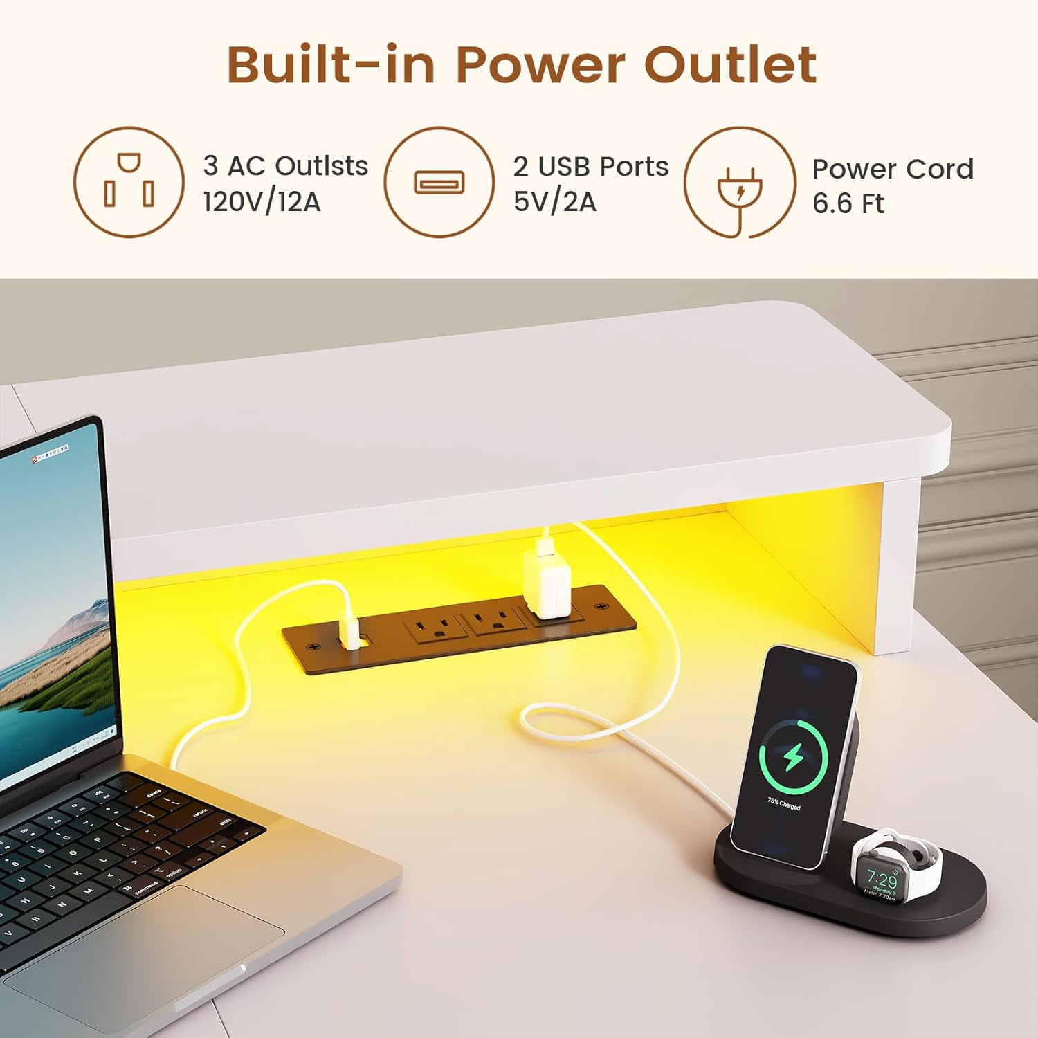 Modern Standing Desk with Drawers, Height Adjustable Computer Desk with Power Outlets, LED Lights & Monitor Stand, Stand Up Corner Gaming Desk, Home Office Desk with Storage, White