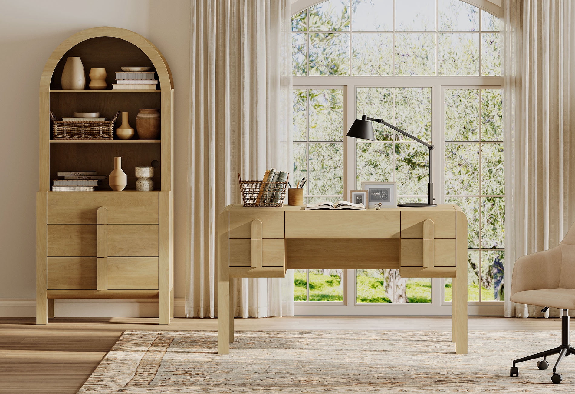2 Piece Office Set, 53.5" Modern Executive Desk with Charging Station and Drawers & 71"H Tall 3-Tier Arched Bookcases with Open Storage for Living Room, Bedroom, Home Office