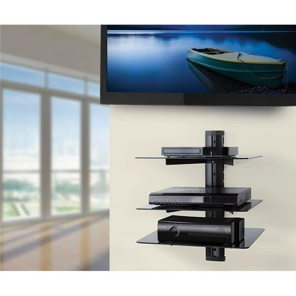 Triple Shelf AV Accessory Shelving - Black & Black Glass