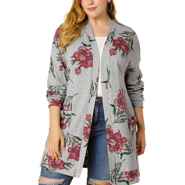 Agnes Orinda Women's Plus Size Duster Floral Sweater Lightweight Cardigan 1X Grey